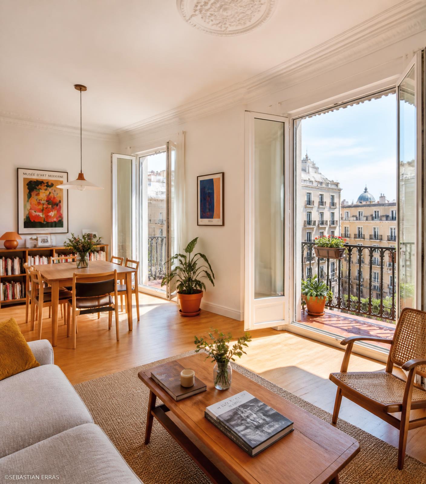 Salon lumineux d'un appartement barcelonais avec balcon sur l'Eixample